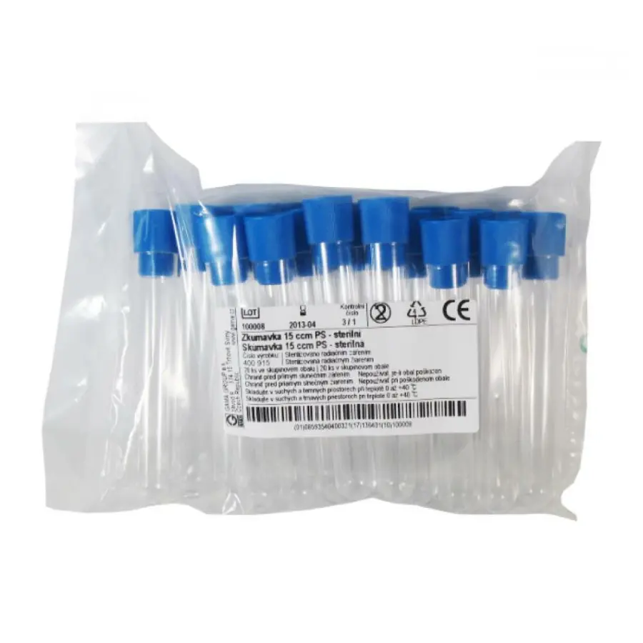 9137_ZKUMAVKA STERILNI MODRA 15CCM 20 KS